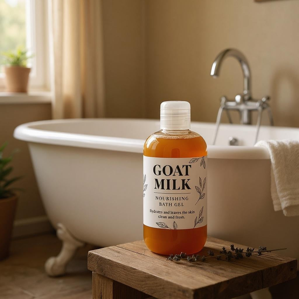 Bottle of goat milk bath gel on a wooden stool in a bathroom setting.