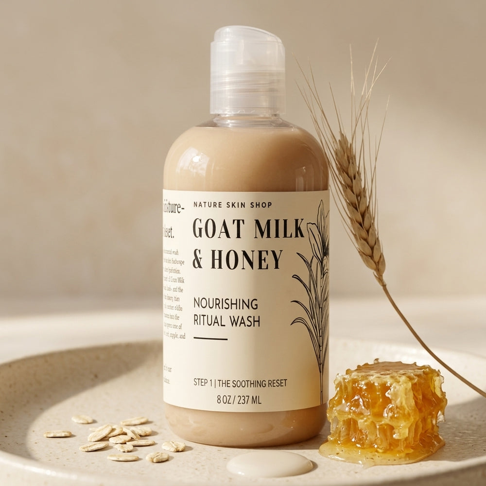Bottle of Goat Milk & Honey Nourishing Ritual Wash with honeycomb and oats on a neutral background