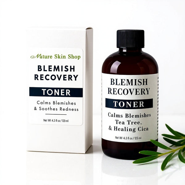 Blemish Recovery Toner bottle and packaging with nature-themed design on a white background