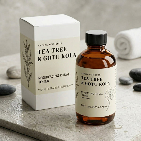Tea Tree & Gotu Kola toner bottle and packaging on a stone surface with pebbles.
