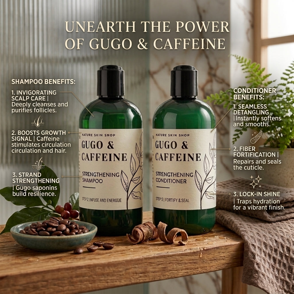 Two green bottles of Nature Skin Shop Gugo & Caffeine hair care products on a wooden shelf, surrounded by coffee beans, a bowl, and a cozy indoor setting with text overlays detailing product benefits.