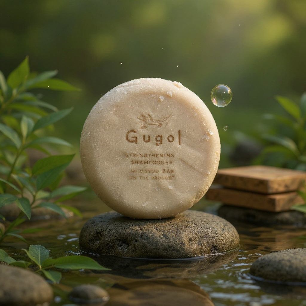 Gugol soap bar on a rock with a natural background