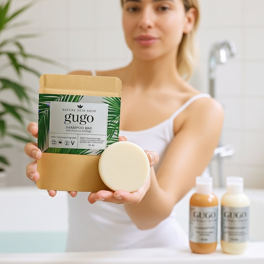 Woman holding a Gugo shampoo bar with bottles in the background