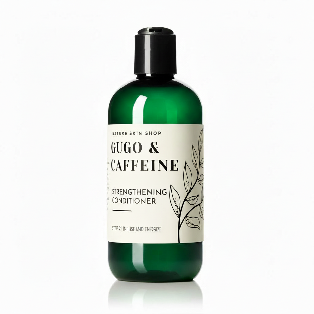 Green bottle of 'Gugo & Caffeine' strengthening conditioner on a white background