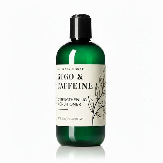 Green bottle of 'Gugo & Caffeine' strengthening conditioner on a white background