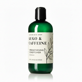 Green bottle of 'Gugo & Caffeine' strengthening conditioner on a white background