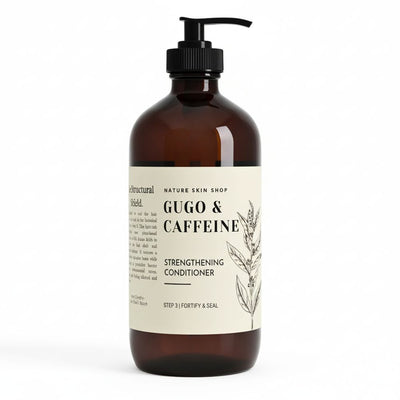 Brown bottle of 'Gugo & Caffeine' strengthening conditioner on a white background