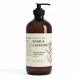 Brown bottle of 'Gugo & Caffeine' strengthening conditioner on a white background