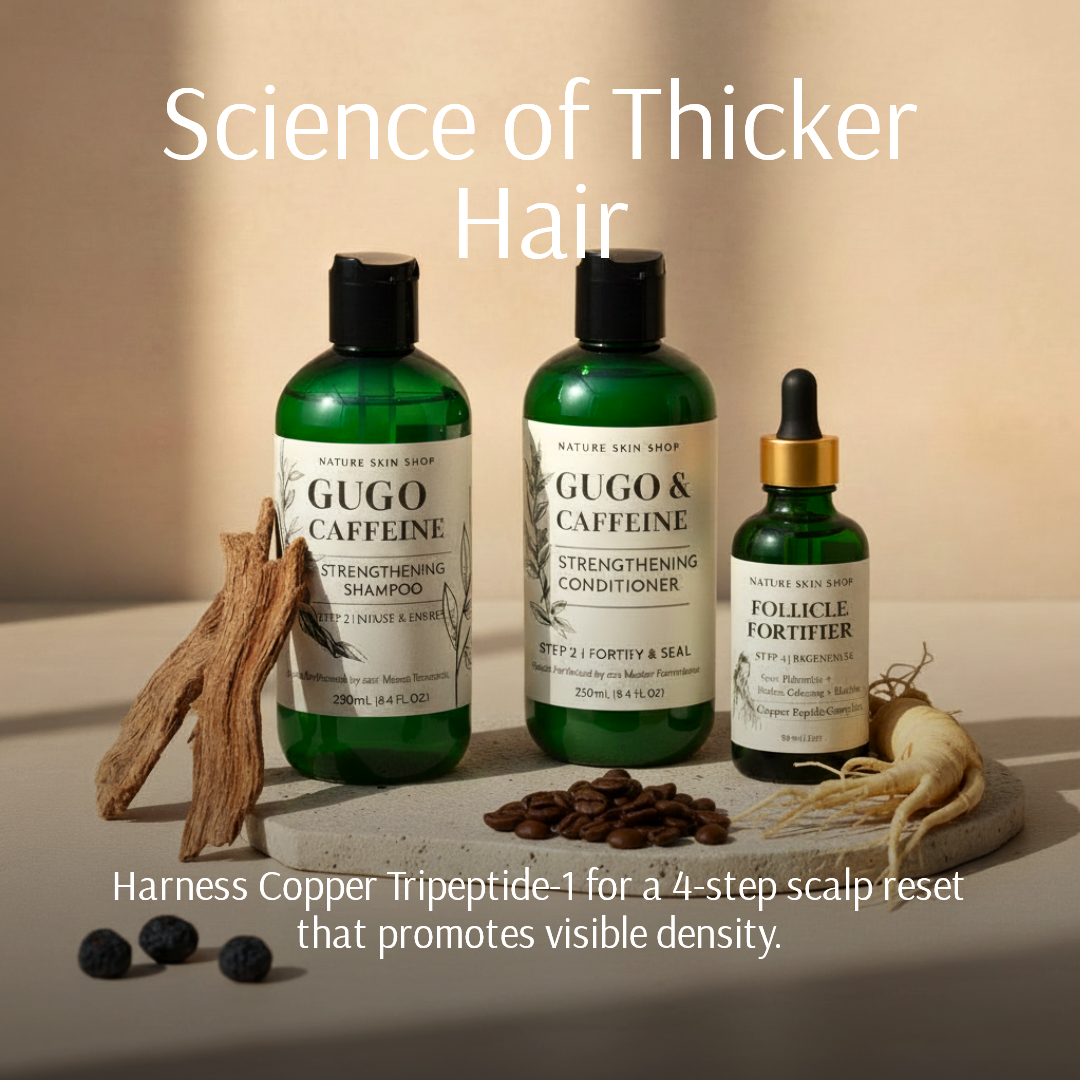 Three green bottles labeled 'Gugo & Caffeine' on a wooden board with herbs and coffee beans, against a beige background.