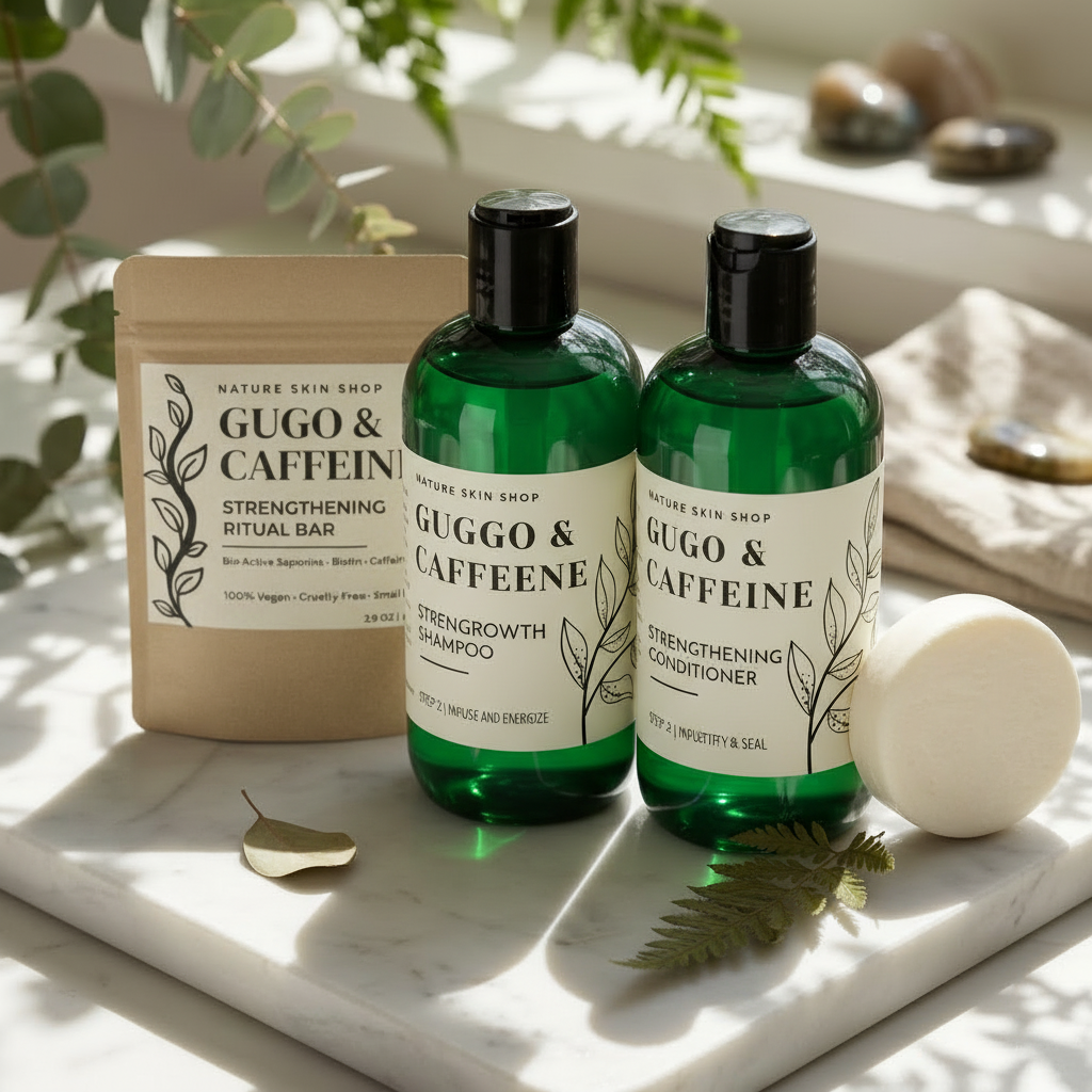 Guggo & Caffeine skincare products on a marble surface with natural light