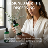 Woman holding a bottle ofugo & Caffeène product with text about high-performance system and ingredient purity.