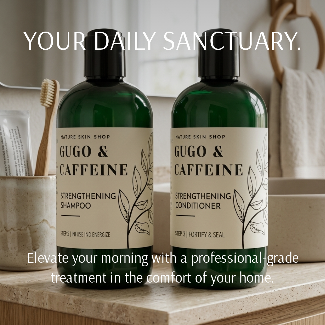 Two bottles of 'Gugo & Caffeine' shampoo and conditioner on a bathroom counter with text overlay.