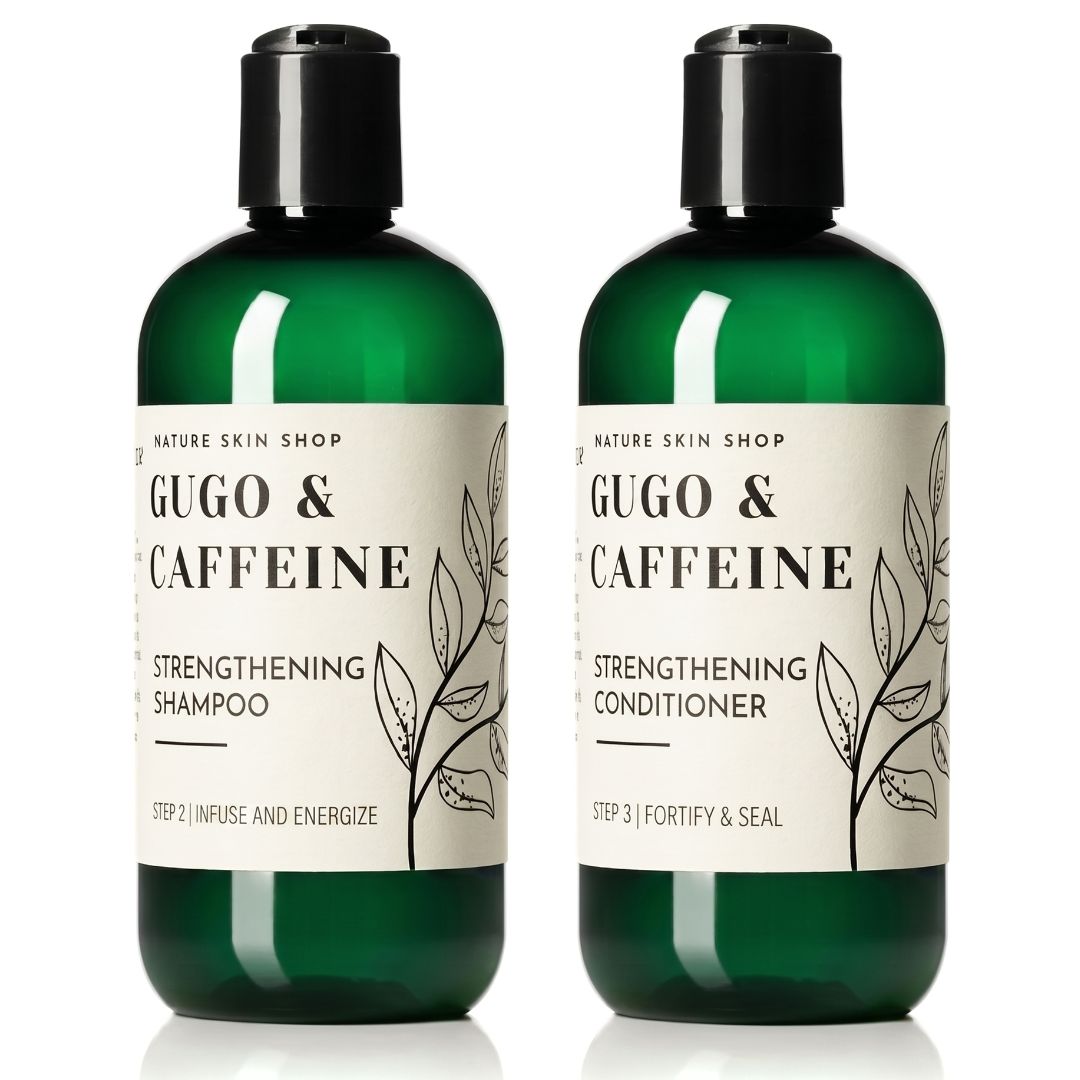 Two dark green plastic bottles from Nature Skin Shop's Gugo & Caffeine line, shown side by side on a white background. The left bottle is labeled 'Strengthening Shampoo' and the right bottle is labeled 'Strengthening Conditioner', both with black caps and cream-colored labels featuring black botanical line art.