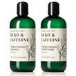 Two dark green plastic bottles from Nature Skin Shop's Gugo & Caffeine line, shown side by side on a white background. The left bottle is labeled 'Strengthening Shampoo' and the right bottle is labeled 'Strengthening Conditioner', both with black caps and cream-colored labels featuring black botanical line art.