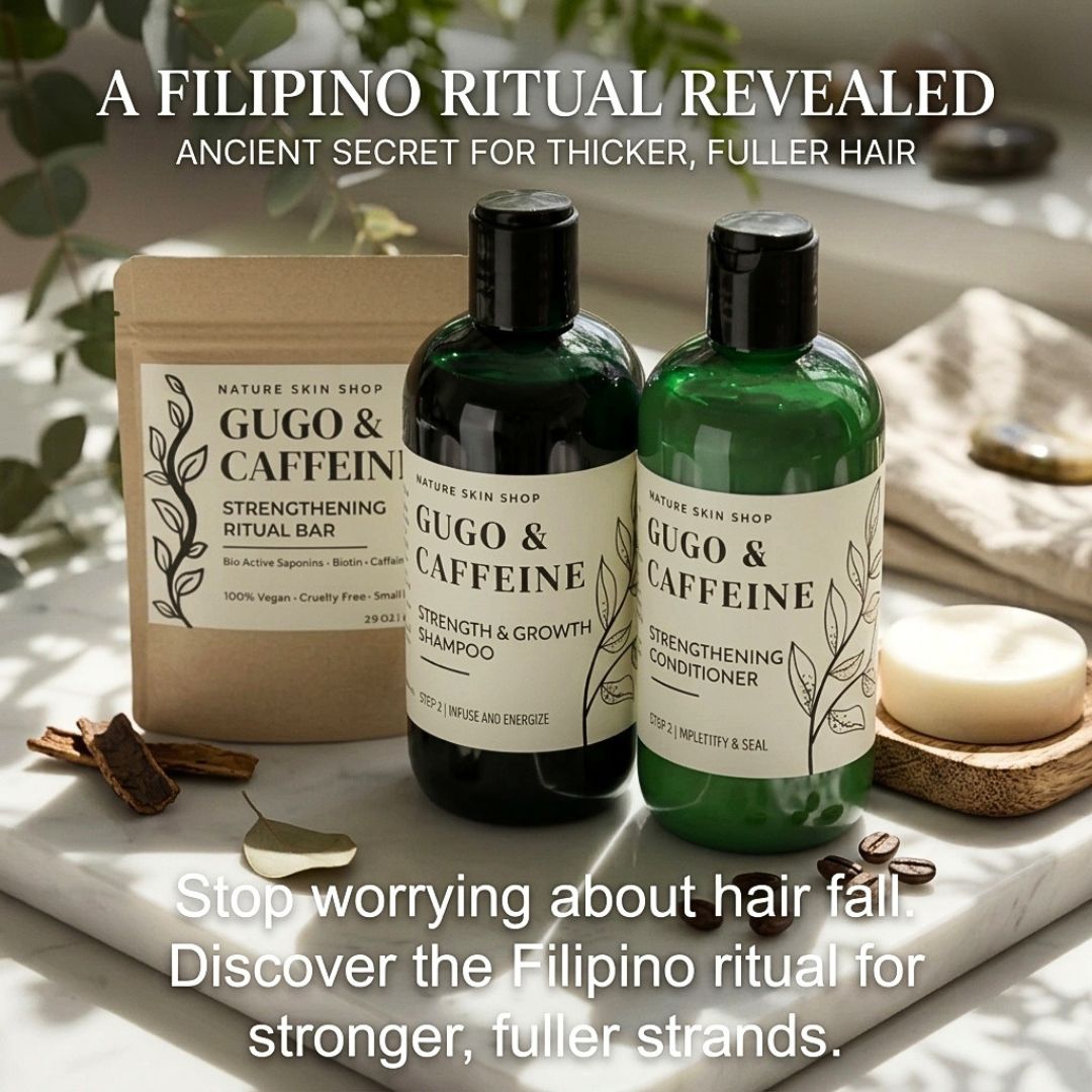 Two bottles of Nature Skin Shop Gugo & Caffeine hair care products and one kraft paper bar package arranged on a marble tray with cinnamon sticks and a soap dish in a styled setting. Large promotional text overlays describe the product.