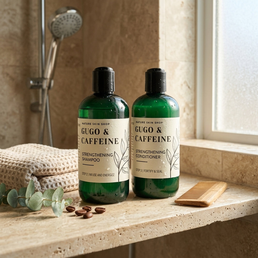 Two green bottles of Nature Skin Shop Gugo & Caffeine hair care products, including strengthening shampoo and strengthening conditioner, displayed on a stone bathroom counter with a folded towel, eucalyptus leaves, coffee beans, and a wooden comb nearby.
