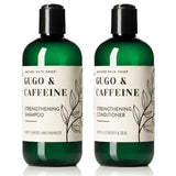 Two dark green plastic bottles from Nature Skin Shop's Gugo & Caffeine line, shown side by side on a white background. The left bottle is labeled 'Strengthening Shampoo' and the right bottle is labeled 'Strengthening Conditioner', both with black caps and cream-colored labels featuring black botanical line art.