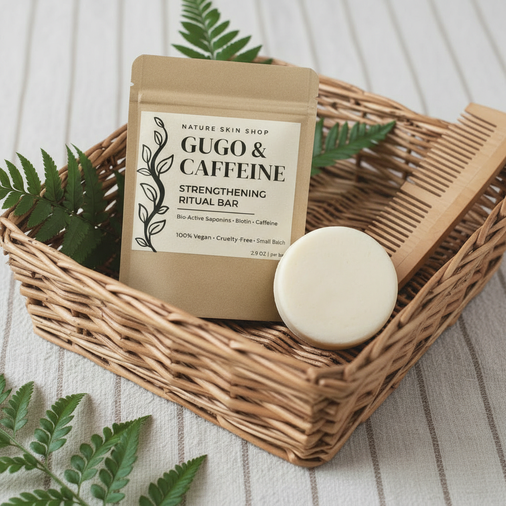 Basket with a Gugo & Caffeine strengthening ritual bar and packaging on a textured surface with leaves.