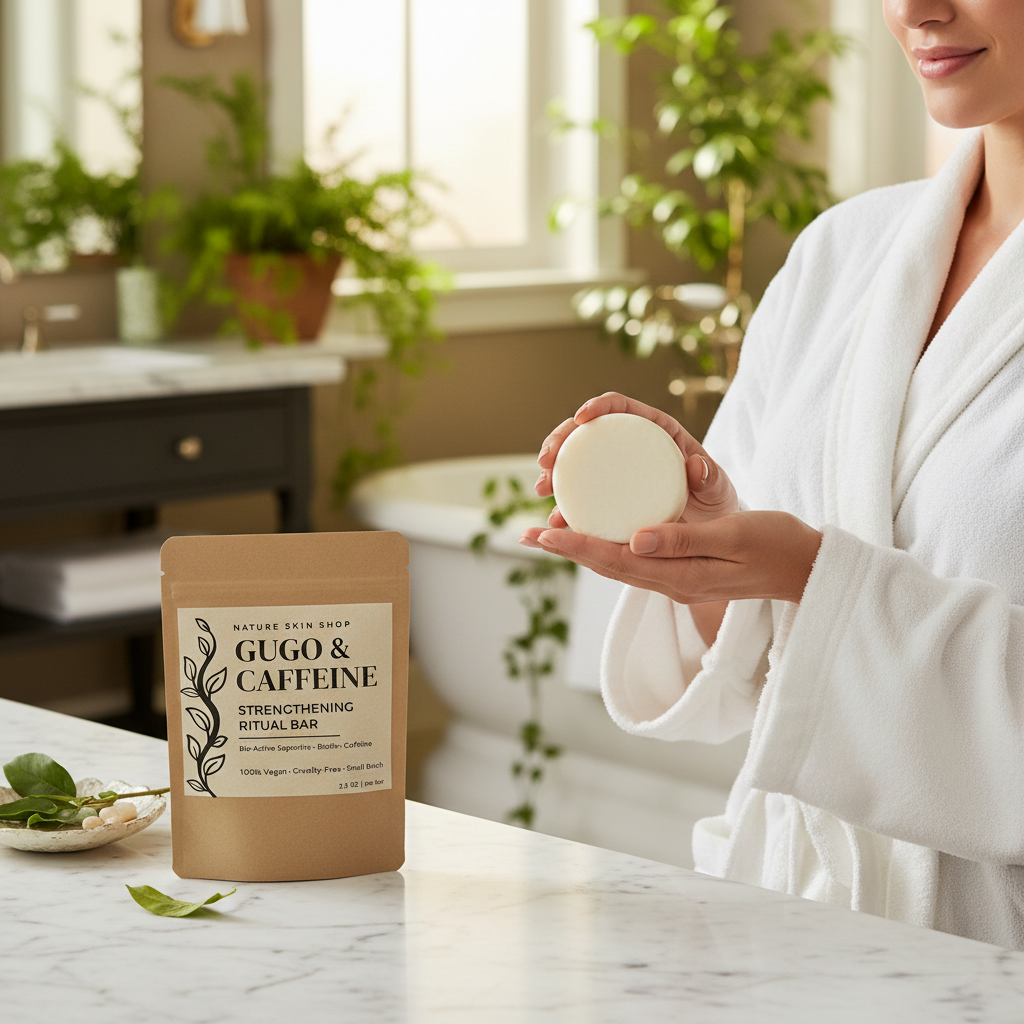 Person holding a Gugo & Caffeine strengthening ritual bar in a bathroom setting