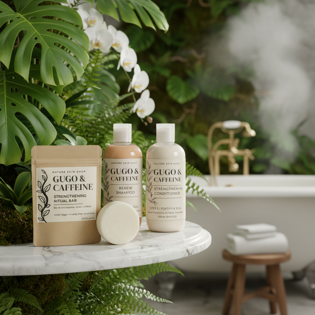 Guggé & Caffeine skincare products on a marble surface with a bathtub and plants in the background