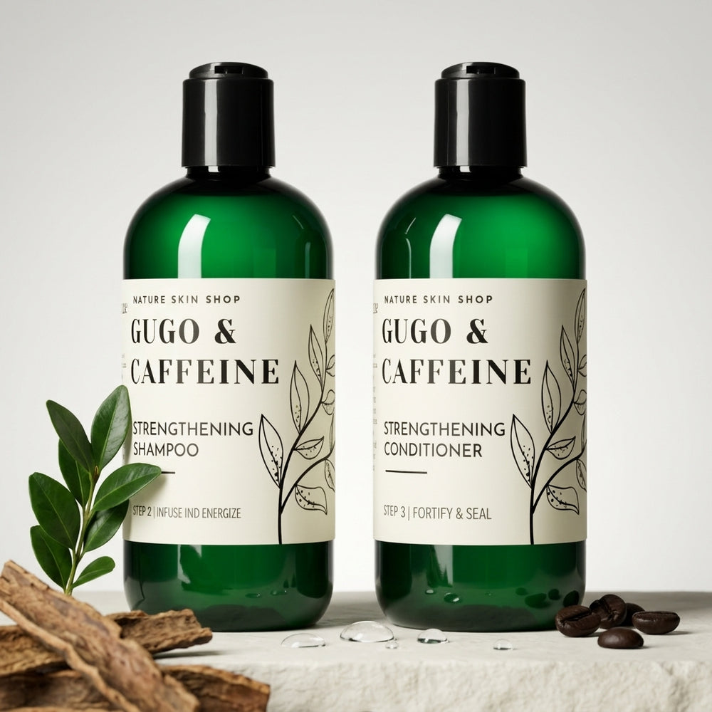 Two green bottles of 'Gugo & Caffeine' shampoo and conditioner on a light background.