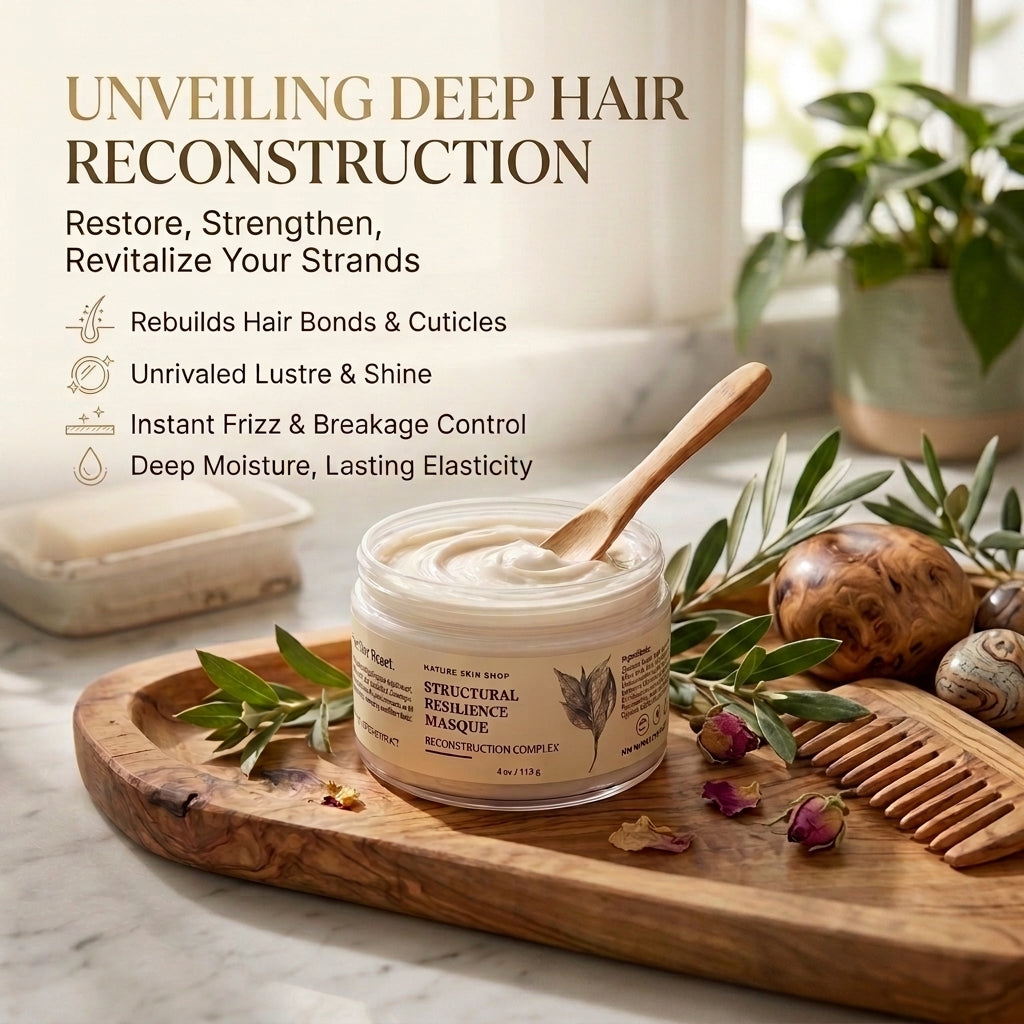 A jar of Structural Resilience Masque hair reconstruction product sits on a wooden tray with a wooden comb, olive branches, and dried flowers. The background shows a softly blurred bathroom setting with a plant and text overlays describing the deep hair reconstruction benefits.