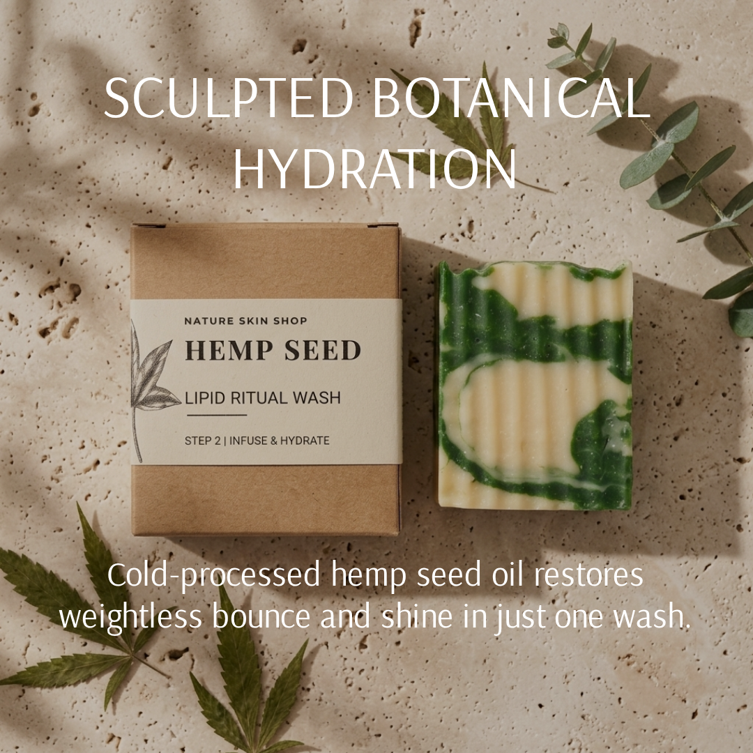 Hemp seed product packaging with a bar of soap on a textured surface with leaves.