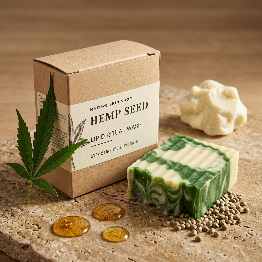 Hemp seed product packaging with soap bar and leaves on a wooden surface