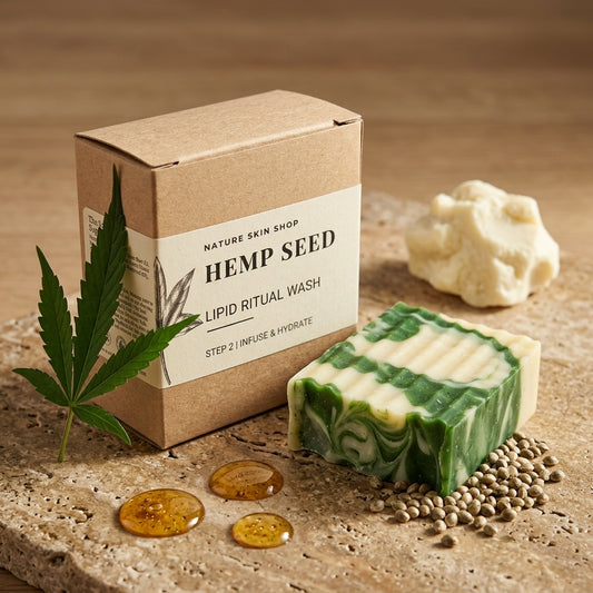 Hemp seed product packaging with soap bar and leaves on a wooden surface