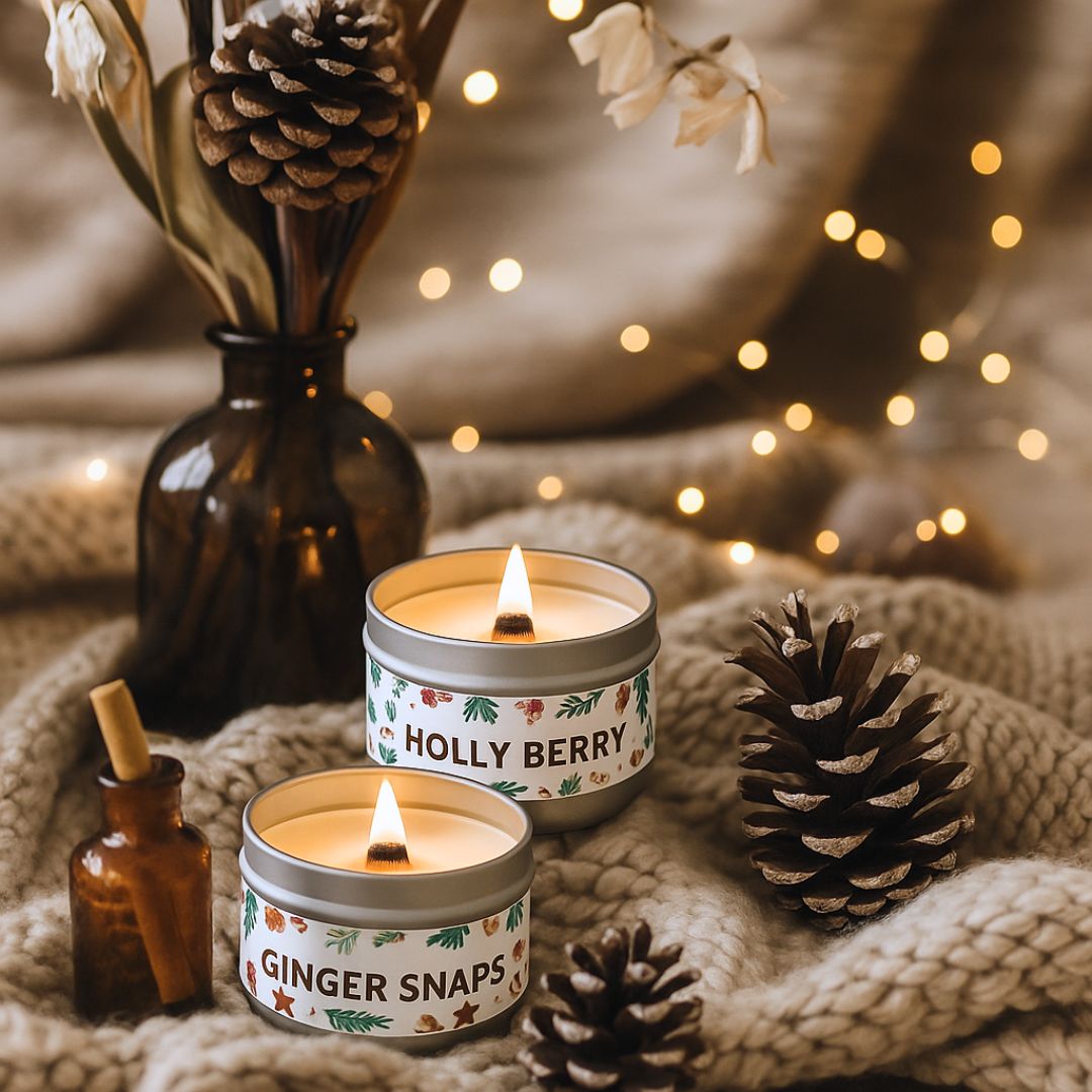 Two lit candles in decorative tins with festive labels on a cozy setting with pinecones and flowers.