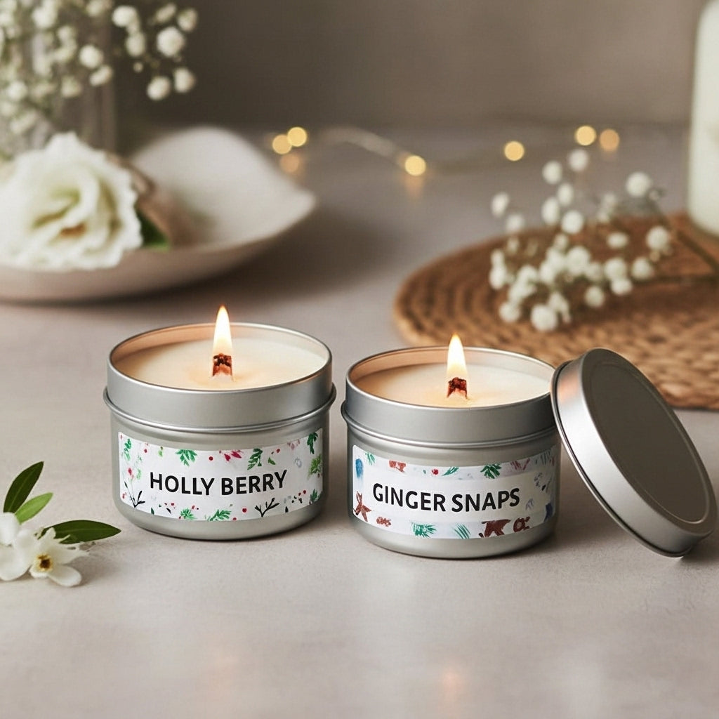 Two lit candles in metal tins labeled 'Holly Berry' and 'Ginger Snaps' on a decorative surface with flowers.