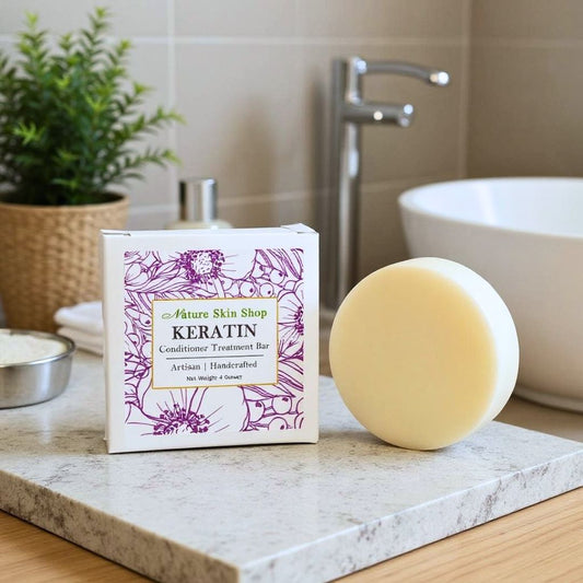 Keratin conditioner treatment bar from Nature Skin Shop on a bathroom counter.