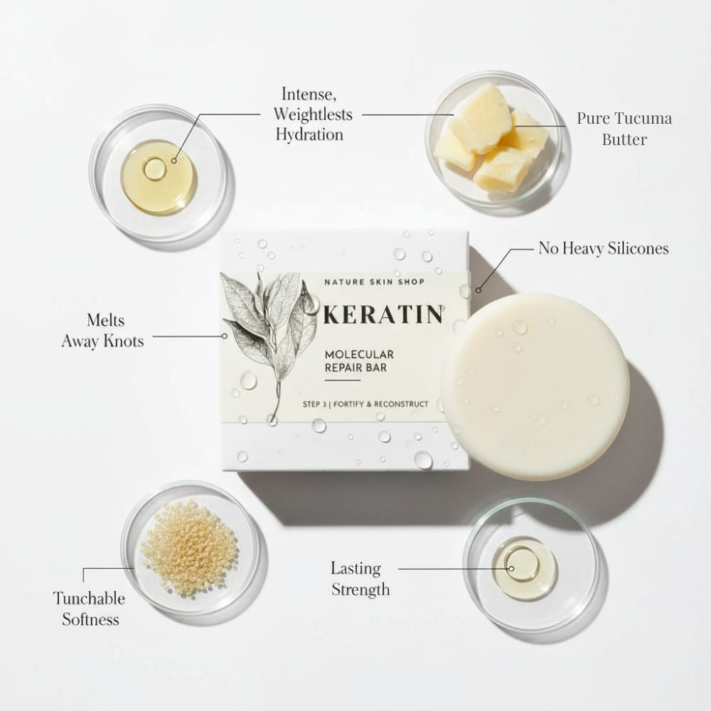 Keratin molecular repair bar with ingredients labeled on a white background