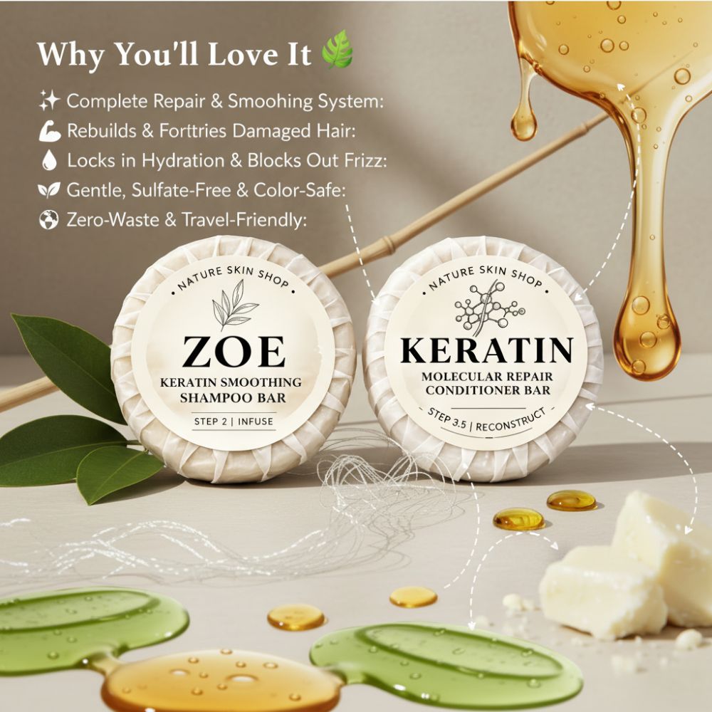 Zoe Keratin shampoo and conditioner bars with product details on a natural background.