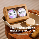 Zoe Keratin shampoo and conditioner bars with packaging on a wooden surface.