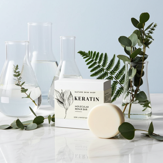 Keratin Molecular Repair Bar with greenery and glass vases on a light surface