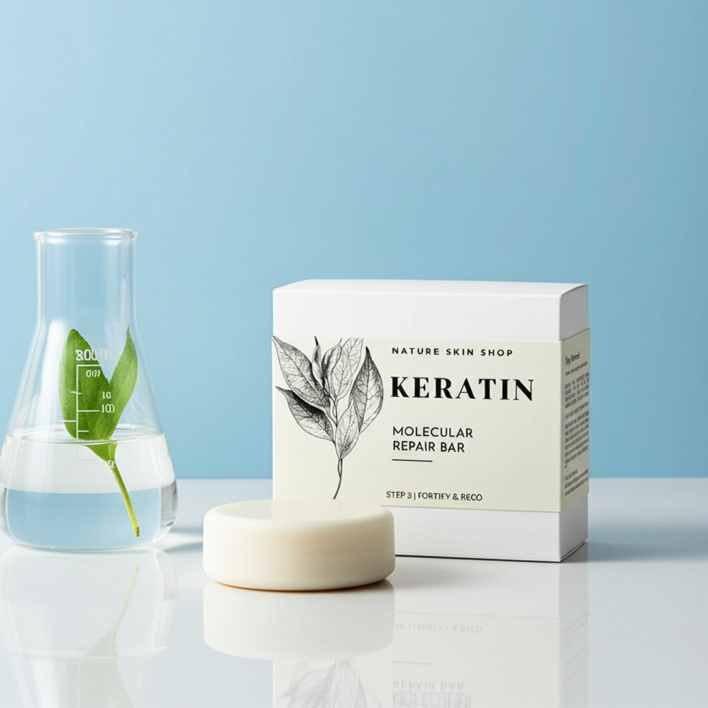 Keratin molecular repair bar with packaging and a glass container on a light blue background