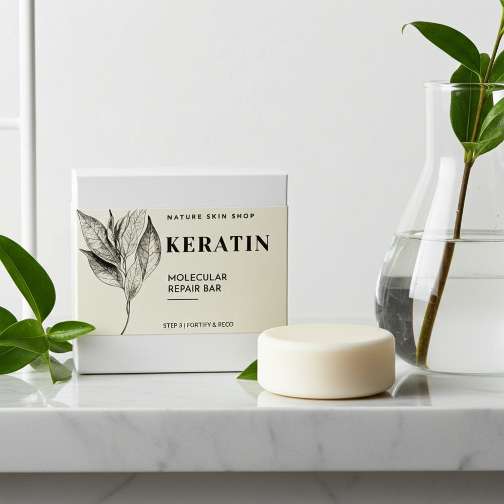 Keratin Molecular Repair Bar from Nature Skin Shop on a marble surface with a vase and leaves.