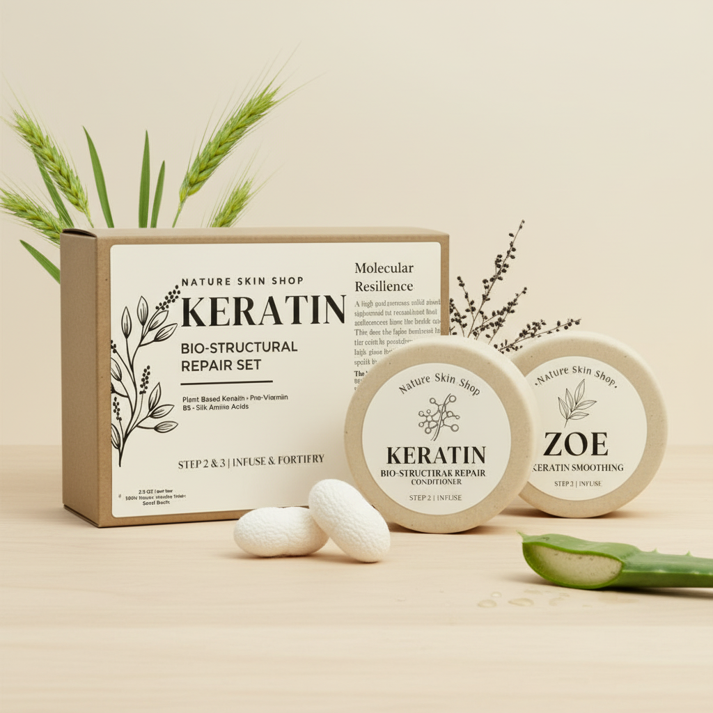 Nature Skin Shop Keratin Bio-Structural Repair Set with packaging and products on a beige background