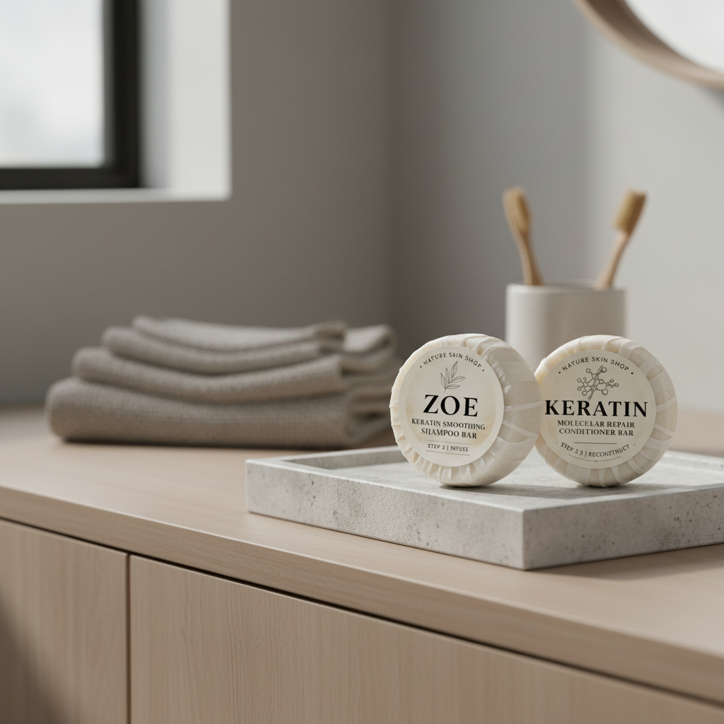Two soap bars labeled 'ZOE' and 'Keratin' on a bathroom counter with towels and toothbrushes in the background.