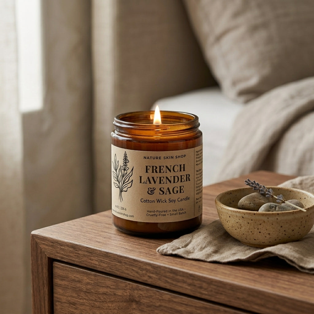 Candle labeled 'French Lavender & Sage' on a wooden surface with a bowl of lavender buds.