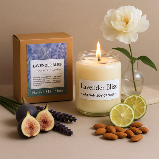 Lavender Bliss artisan soy candle with packaging, flowers, figs, and almonds on a neutral background