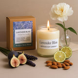 Lavender Bliss artisan soy candle with packaging, flowers, figs, and almonds on a neutral background