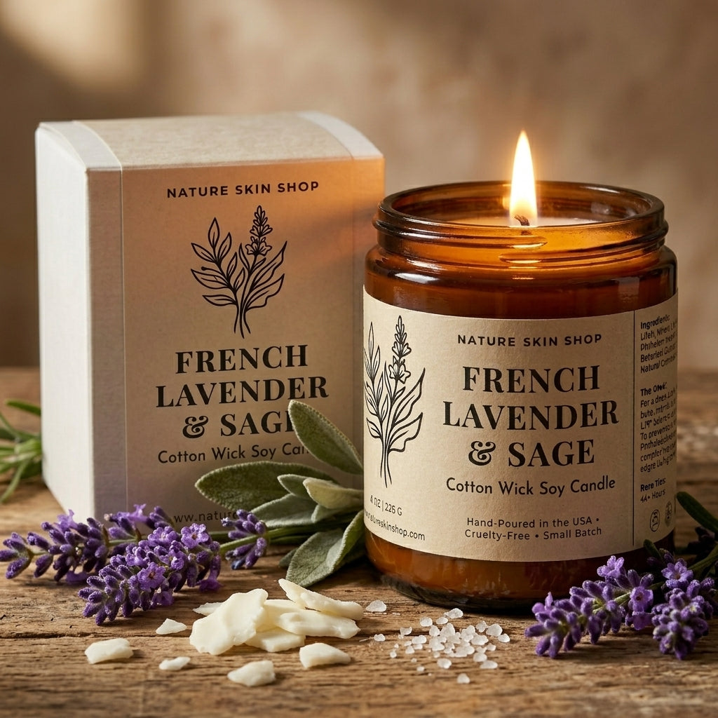 French Lavender & Sage candle with packaging and lavender flowers on a wooden surface