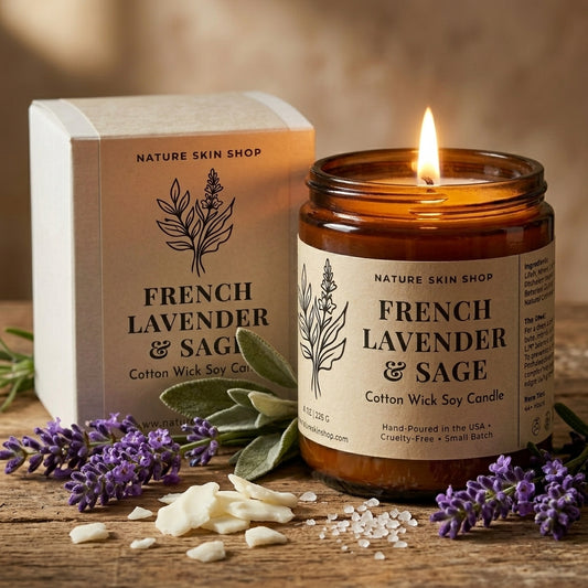 French Lavender & Sage candle with packaging and lavender flowers on a wooden surface