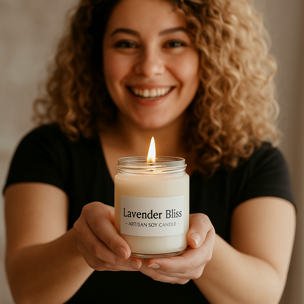 Woman holding a 'Lavender Bliss' candle with a warm background