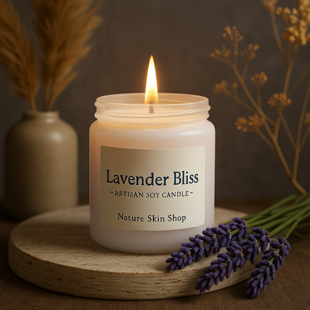 Lavender Bliss candle with a label on a wooden surface with lavender and dried plants.