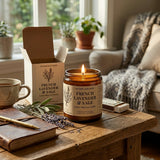 Candle labeled 'French Lavender & Sage' on a wooden table with a cup, book, and lavender sprig.