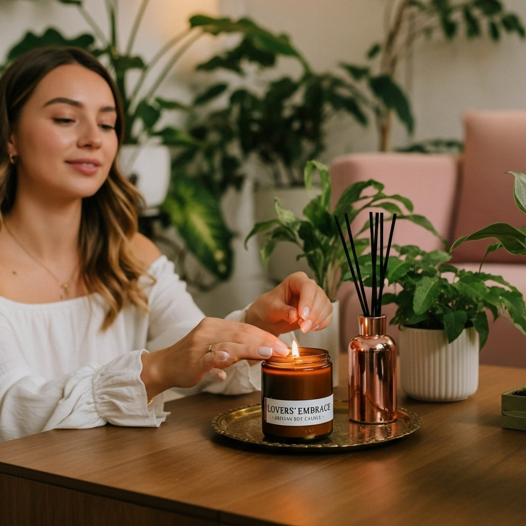 Woman lighting a candle labeled 'Lovers' Embrace' in a cozy indoor setting with plants.