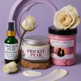 Cosmetic products including a serum, creme, and scrub with white roses on a purple background